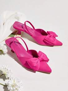 Zapatos de tacón alto con cómoda punta puntiaguda y decoración de lazo, sin deslizamiento (corte asimétrico del empeine) para el Día de San Valentín, tacón de gatito - Rosa Fucsia - Ver 2