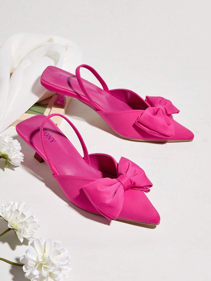 Zapatos de tacón alto con cómoda punta puntiaguda y decoración de lazo, sin deslizamiento (corte asimétrico del empeine) para el Día de San Valentín, tacón de gatito