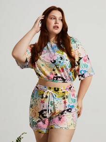Earth Day Fanverse Picks Plus Cartoon Graphic Drop Shoulder Top & Shorts Set Short Sets Summer