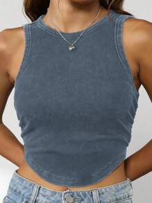 SHEIN EZwear Summer Outfit Vintage Solid Curved Hem Ruched Tank Top