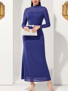 Modelyn Vestido De Manga Larga Para Mujer Con Cuello Alto Y Detalles De Malla - Azul - Ver 3