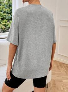 SHEIN EZwear Letter Embossed Drop Shoulder Short Sleeve T-Shirt - Grey - View 2