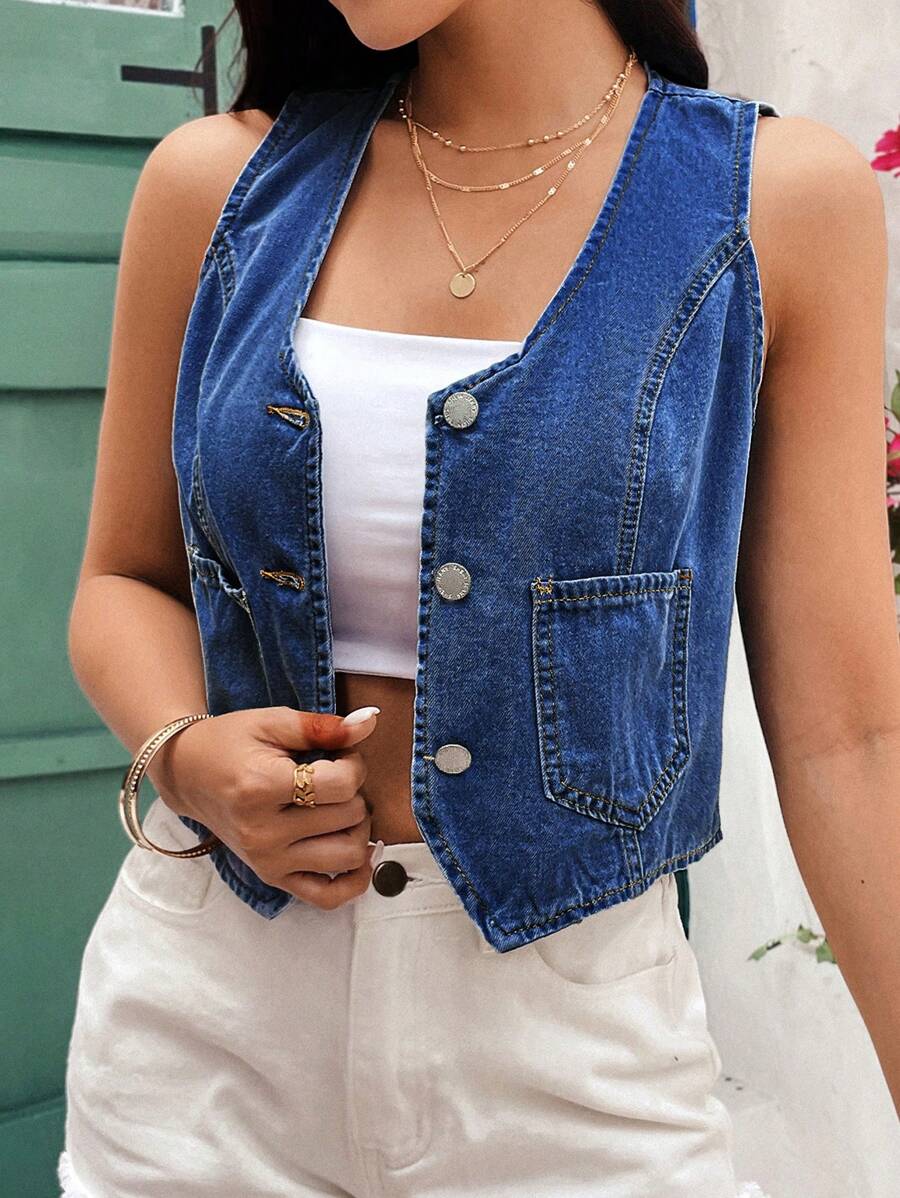 SHEIN Frenchy 女性休閒短版牛仔背心,藍色,春夏季節都適合。寬鬆無袖外套,帶口袋。適合於休閒場合或日常穿著。 - 中等水洗藍 - 查看 1