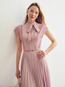 MOTF PREMIUM SOLID BOW MOCK NECK PLEATED HEM DRESS,SUMMER OUTFITS