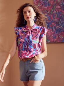 MOTF PREMIUM ALLOVER PRINT TIE NECK RUFFLE ARMHOLE BLOUSE