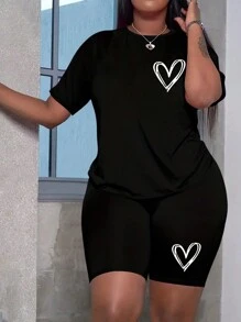 SHEIN LUNE 2pcs/Set Plus Size Women Heart Print Short Sleeve T-Shirt And Shorts Casual Wear, Summer