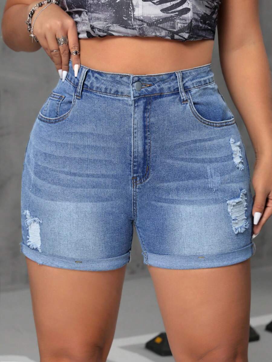 SHEIN ICON Quần short denim rách cỡ lớn cho mùa hè - Rửa nhẹ - Xem 1