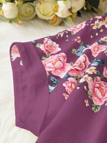 SHEIN LUNE Plus Size Floral Print Button Front Batwing Sleeve Shirt