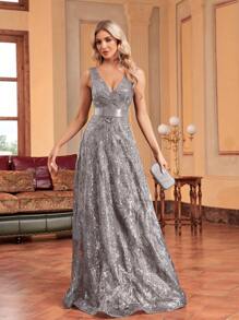 Women's Sequin Embroidery Waist Fitted V-Neck Sleeveless Maxi Evening Gown, Elegant Formal Prom Party Dress (Heavy Decor) Wedding Guest Dress - 灰色 - 查看 6