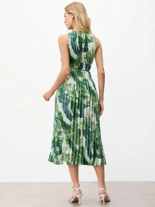 BizChic Vestido de mujer con estampado de teñido anudado verde y blanco, corte halter, plisado, con cinturón, para verano