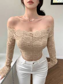 DAZY Áo thun dài tay trễ vai phối ren màu trơn cho nữ - Màu be - Xem 4