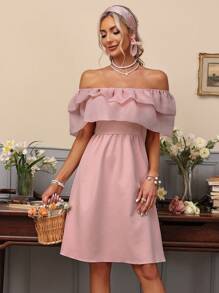 GENKIRA Vestido de mujer con hombros descubiertos, unicolor, con múltiples capas y ribete de volantes - Rosa coral - Ver 6