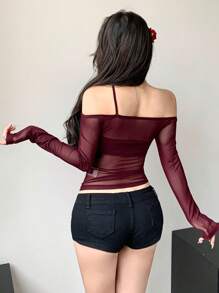 DAZY 女式不對稱領口網紗修身長袖上衣 - 紅色 - 查看 5