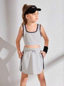 SHEIN conjunto esportivo confortável simples de bloco de cores com borda para meninas pré-adolescentes