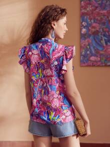 MOTF PREMIUM ALLOVER PRINT TIE NECK RUFFLE ARMHOLE BLOUSE