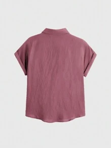 ROMWE Camisa de botones de un solo color, escuela - Rosa vieja - Ver 2