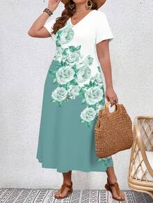 EMERY ROSE Đầm nữ tay ngắn cổ chữ V in hoa giảm béo cỡ lớn - màu xanh lá - Xem 3