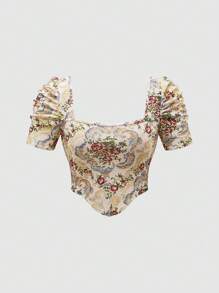 SHEIN Unity Women's Floral Print Puff Sleeve Wrap Blouse - Black - View 1