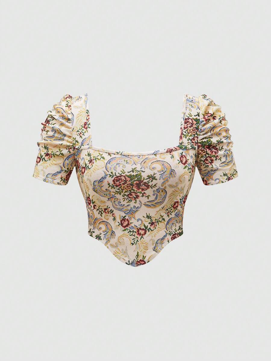 SHEIN Unity Women's Floral Print Puff Sleeve Wrap Blouse - Black - View 1