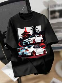 SHEIN 1pc White Racing Car & Teen Boy Graphic Print Short Sleeve Cotton Tee, Casual Summer Top