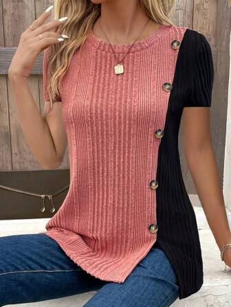 Women Fashion Patchwork Button Ribbed Short Sleeve T-Shirt, Summer