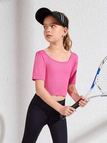 SHEIN Tween Girls' Basic Round Neck Short Sleeve Ribbed T-Shirt - Hot Pink - View 4