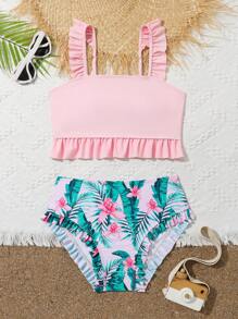 Conjunto de bikini de unicolor en la parte superior y estampado de plantas en la Bottom para niña preadolescente, verano playa - Multicolor - Ver 1