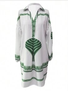 印花宽松雪纺连衣裙，春夏度假休闲优雅 - 綠色 - 查看 8