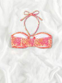 SHEIN Swim 夏季沙灘花印緊身背心比基尼上衣，隨機印花 - 紅色 - 查看 2