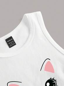 Slaydiva Top ajustado de mujer de cuello redondo con estampado de gato en estilo minimalista casual, hecho de algodón y apropiado para el verano