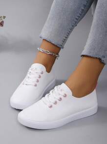 春秋新款休闲平底系带透气运动鞋女款，女式运动鞋 - 白色 - 查看 1