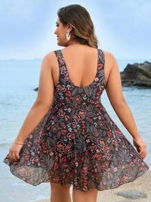 Swim Lushoire Summer Beach Plus Size Women's One-Piece Swimsuit With Plants Print - Multicolor - View 2