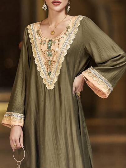 Layrah 女士刺绣细节长袖卡夫坦连衣裙，优雅奢华晚会风格