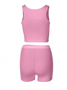 INAWLY Của phụ nữ Chất rắn Gân đan Lưng thấp Top Cây trồng Với Xù Chi tiết Và Quần short xe đạp 2 cái/bộ - Màu Hồng baby - Xem 2