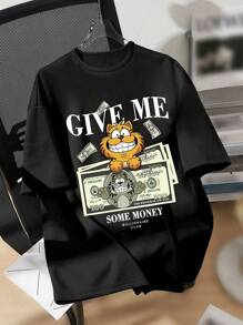 SHEIN Sparklyn Áo thun Tween Boy giản dị và sành điệu có in hình mèo và tiền - màu đen - Xem 1