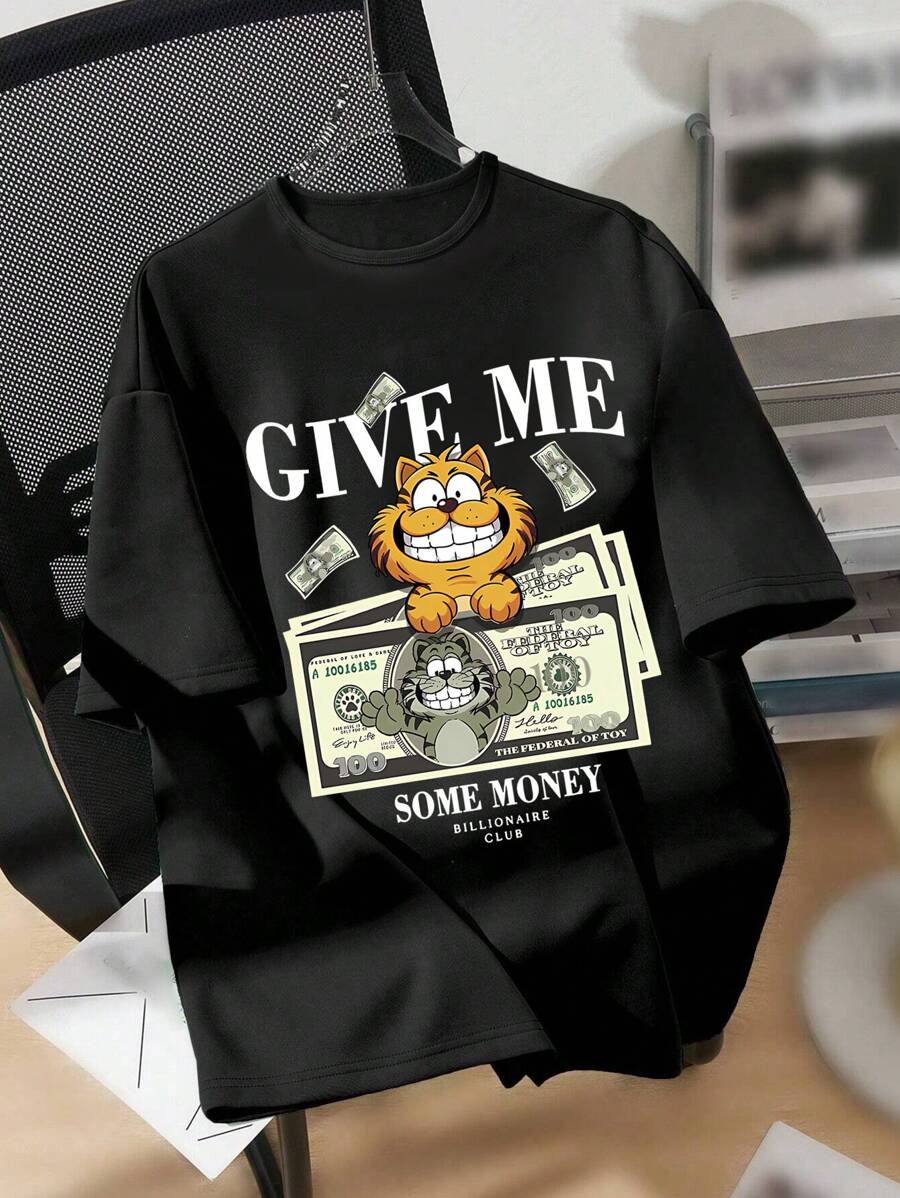 SHEIN Sparklyn Áo thun Tween Boy giản dị và sành điệu có in hình mèo và tiền - màu đen - Xem 1