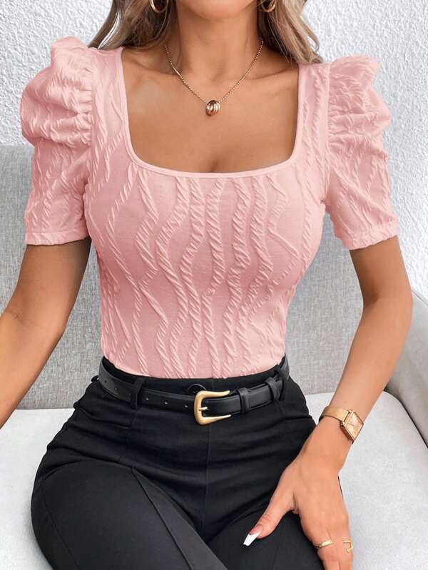 SHEIN Privé Textured Square Neck Short Sleeve Casual T-Shirt