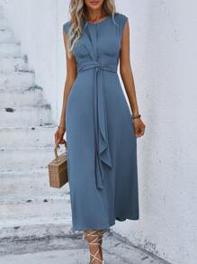 EMERY ROSE 纯色扭结腰部收褶无袖连衣裙长款女装 - 霧霾藍 - 查看 3