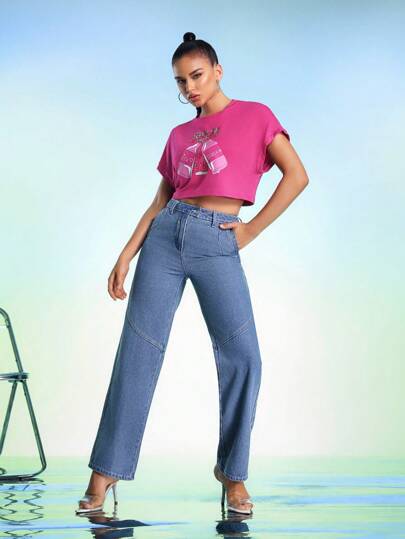 BARBARA DOMINGUES 设计师款女式拼接直筒高腰牛仔牛仔裤，秋季，适合秋冬季、假期、节日