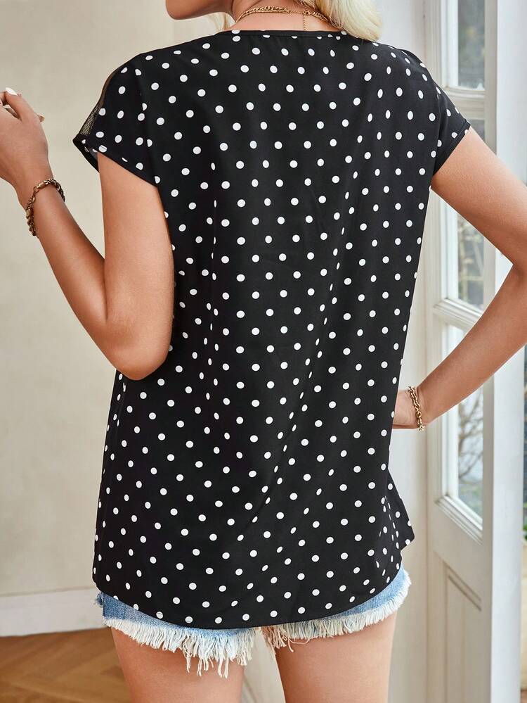 Women's Polka Dot Printed Mesh Contrast Blouse