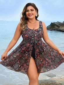 Swim Lushoire Summer Beach Plus Size Women's One-Piece Swimsuit With Plants Print - Multicolor - View 1