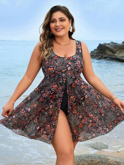 Swim Lushoire Summer Beach Plus Size Women's One-Piece Swimsuit With Plants Print