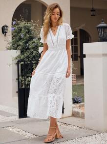 Simplee Women's Summer New Solid Color Hollow Embroidery Waist Cincher Long Dress, Holiday
