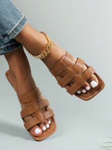 Modische H-förmige Damen Pantoffeln für Frühling und Sommer, lässige offene Römerstil Pantoffeln mit flachen Absätzen, geprägte Pantoffeln, von Fashion Bloggern empfohlen, Desert Key französische hochwertige Sinnlichkeit Pantoffeln