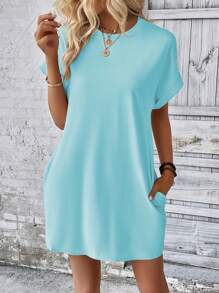 INAWLY Women's Round Neck Batwing Sleeve Solid Color Dress - Baby Blue - View 3