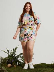 Earth Day Fanverse Picks Plus Cartoon Graphic Drop Shoulder Top & Shorts Set Short Sets Summer