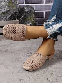 女款半拖鞋,春夏新款時尚休閒扁平低跟戶外/室內懶人涼鞋 - 卡其色 - 查看 2