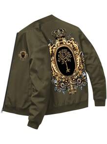 Autumn Men's Jacket New Sports Casual Windbreaker Outdoor Running Clothing Fashion Personalized Zipper Sweater Retro European And American Street Wear Crown, Buddha Tree Printed Apparel - Olive Green - View 1