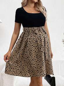 SHEIN Vestido De Maternidad De Verano Con Cuello Redondo Y Estampado De Lunares Y Parches - Negro - Ver 1