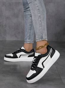 女士休闲运动鞋，系带软底平底舒适滑板鞋，轻便低帮日常穿着，秋冬季 - 黑與白 - 查看 6